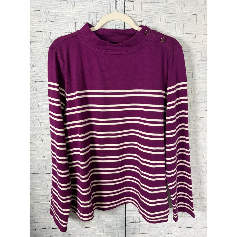 Talbots Womens Top Striped Button Shoulder Mock Neck Cotton Soft
